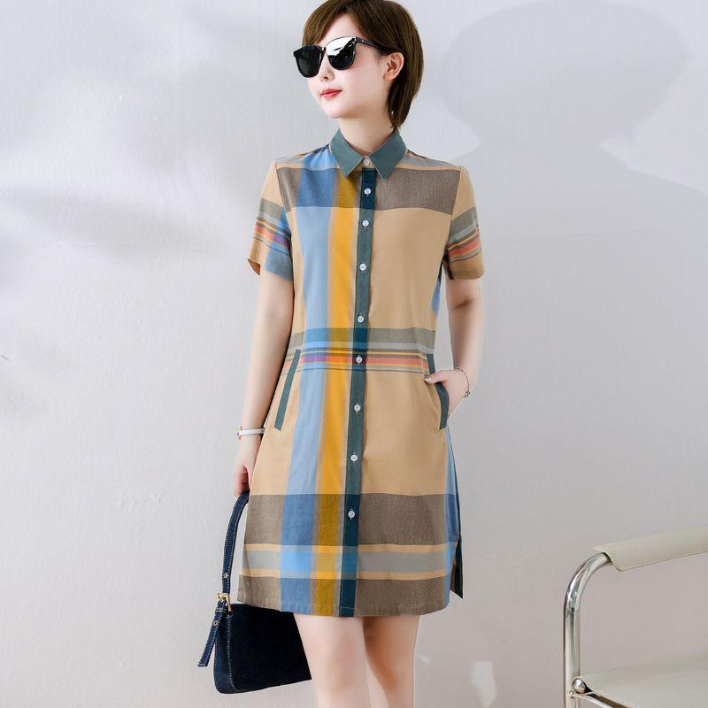 

Shirt Style Dress Accessible Luxury Fancy Simple and Generous Stylish Niche Style Mid Length Long Length British Plaid A- line Dress Khaki 2XL