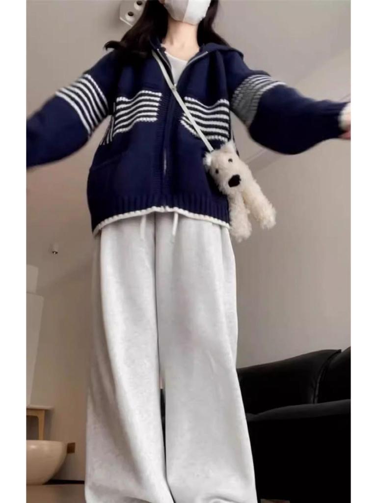 Hong Kong Chic Striped Hooded Cardigan for Women - Autumn/Winter Loose Knit Sweater Coat