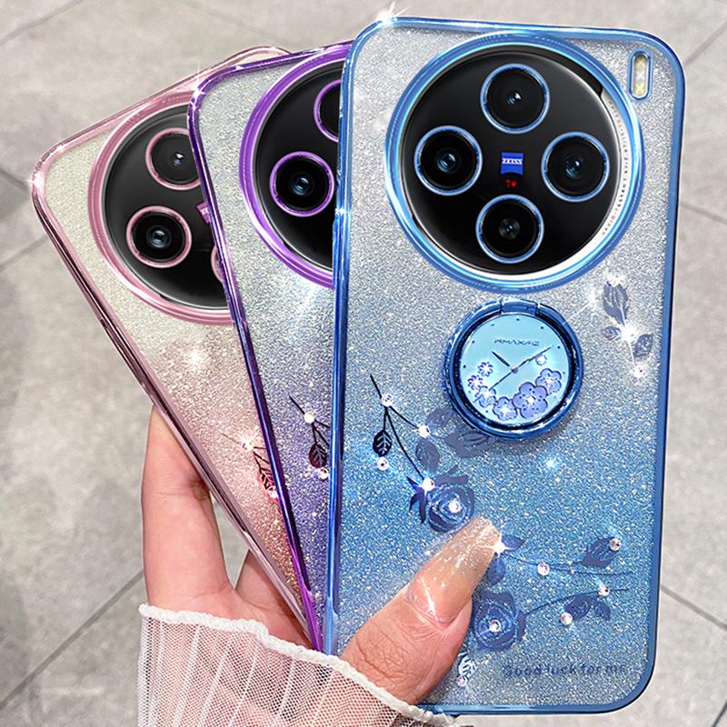KADEM For vivo X100 5G Phone Case Ring Kickstand Glitter Powder TPU Phone Cover