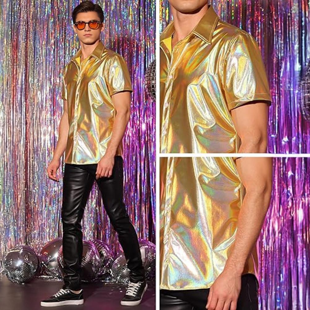 Men's Shiny Metallic Shirt Short Sleeve Lapel Shirt Sparkling Disco Outfit for Stage Performance Nightclub Dance Party Bar