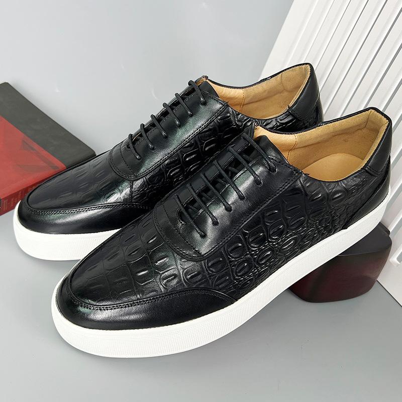 Newest 2024 Autumn Men Genuine Leather Casual Sneakers Lace Up Handmade Crocodile Design Men Daily Leather Footwear Purple