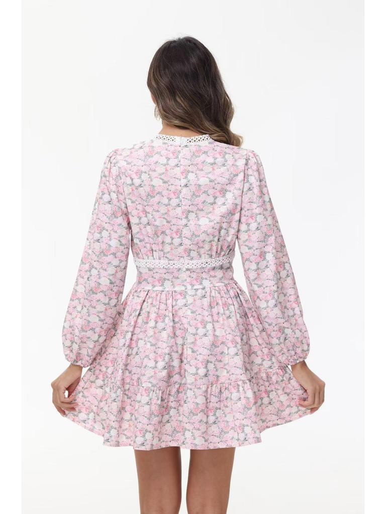 2025 Spring Sweet Print V-neck Lace Short Dress for Women