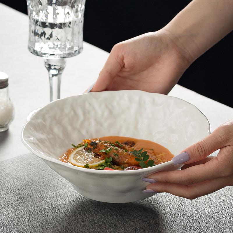 White Porcelain Deep Plate with Rock Pattern Restaurant Soup Bowl Ceramic Breakfast Tableware Salad Ramen Plate Kitchen Utensils