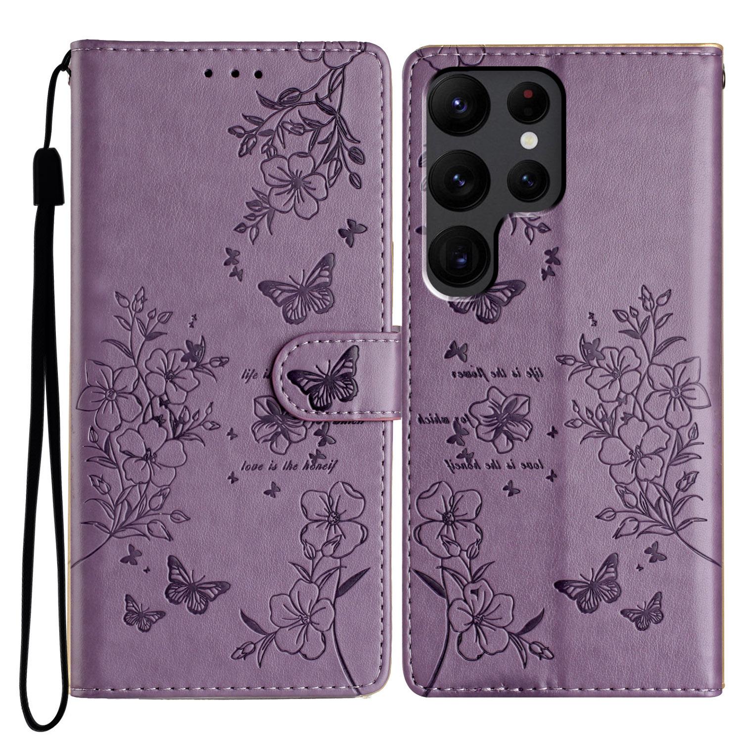 

For Samsung Galaxy S24 Ultra Stand Case Butterfly Floral Imprint Leather Wallet Phone Cover Purple