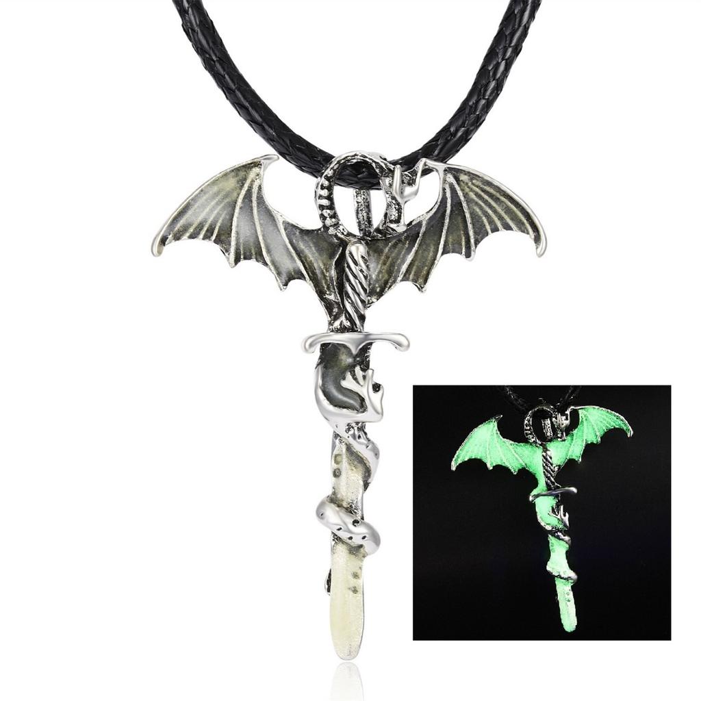 Vintage  Luminous Flying Dragon Cross Pendant Necklace For Men Women Punk Glow In Dark Animal Choker Halloween Jewelry