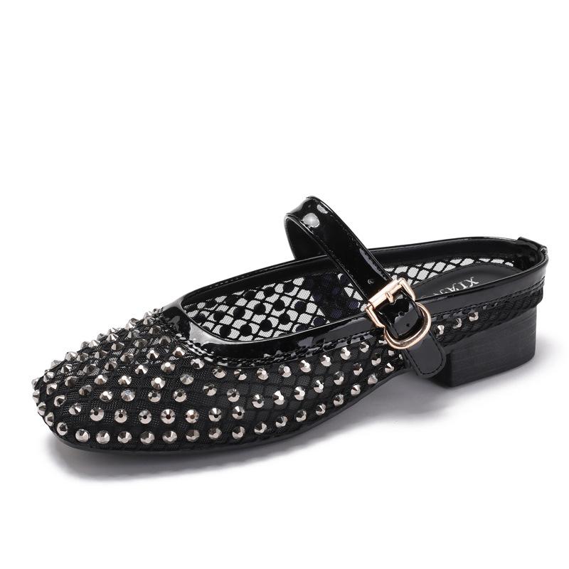Fashion Crystal Studded Mesh Breathable Shoes Fashion Square Head Shallow Mouth Mary Jane Shoes Elegant Office Ladies Low Heel Pumps