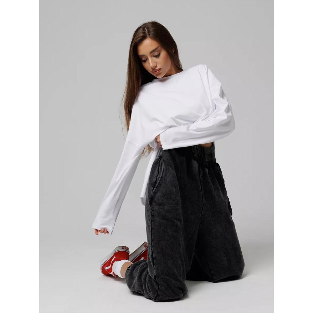 Hirsionsan 2025 Spring Summer New Arrival Women's Long Sleeve Cotton Loose Fit Slit Distressed T-Shirt Female