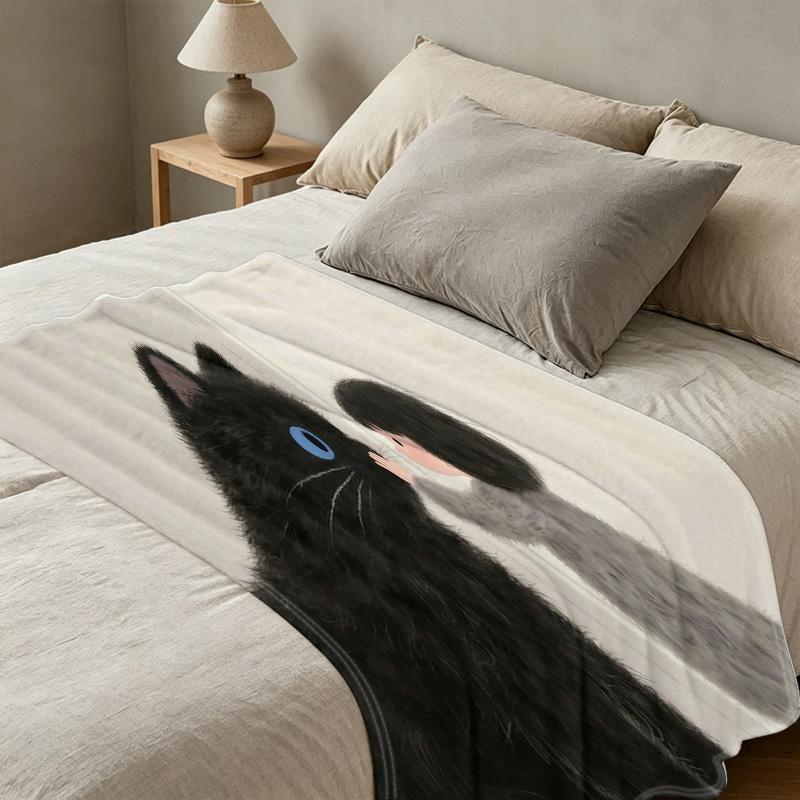 Printed Flannel Blanket - Black Cat Series, Soft & Skin-friendly Warm Throw, Cozy for Home, Bedroom, Movie Night, Halloween & Christmas
