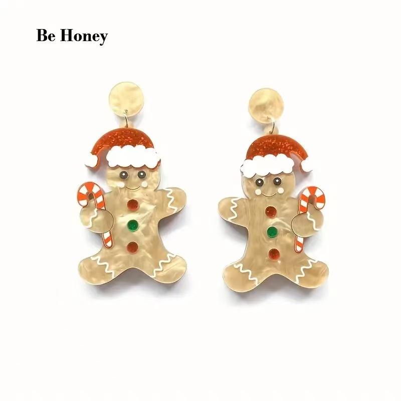 A Pair Christmas Hat Candy Cane Gingerbread Man Acrylic Earrings Cartoon Festive Atmosphere Girl Christmas Outfit Matching Ea