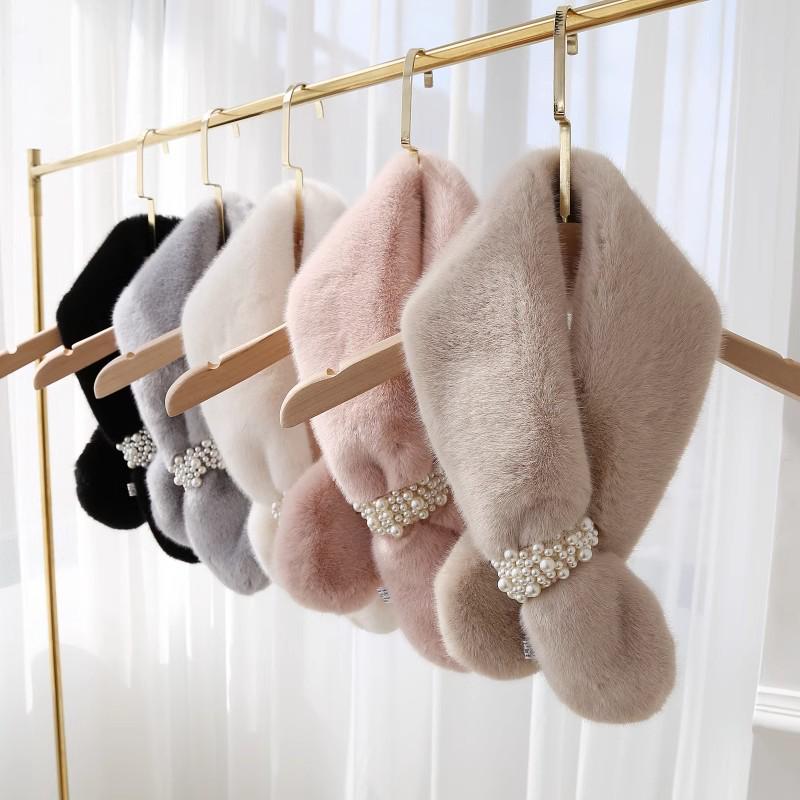 Korean Style Thickened Warm Plush Pearl Scarf - Autumn & Winter Cross Neck Warmer for Girls