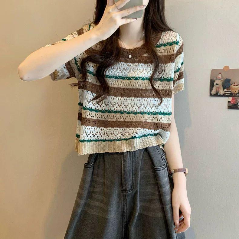 Hollow Out Color Striped Short Sleeved Knitted Sweater for Women French Style Slimming Top