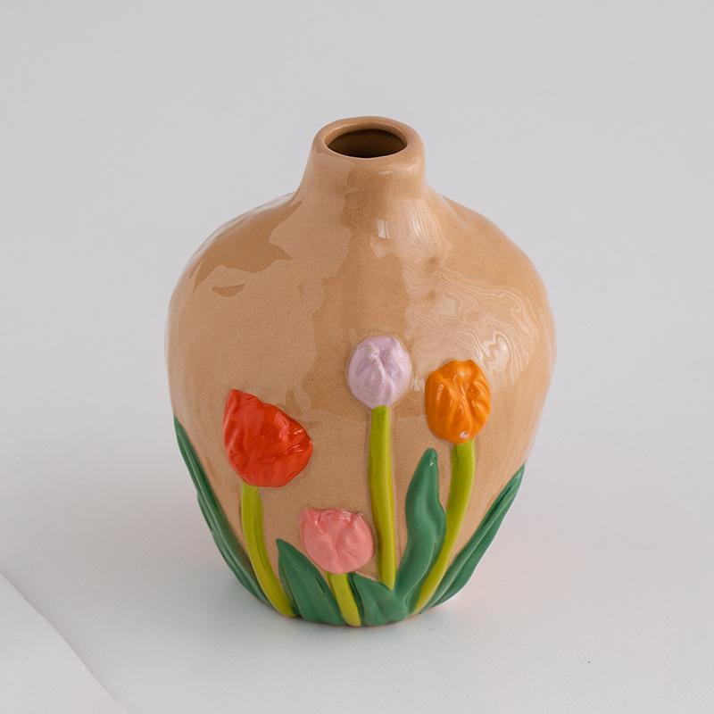 Wazon Reliefowy Trójwymiarowy Tulipany Vintage Ceramiczny Wazon Ręcznie Robione Akcesoria do Aranżacji Kwiatowych Dekoracja Domu