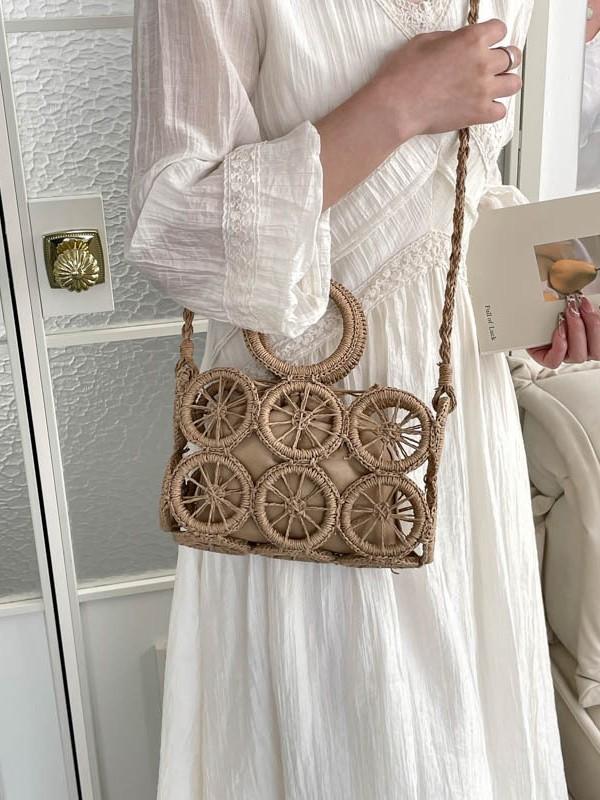 Boho Woven Handbag With Canvas Lining For Casual Beach Day Use