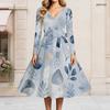 Women Plus Size V Neck Long Sleeve Printed Tie Waist A Line Flared Midi Dress