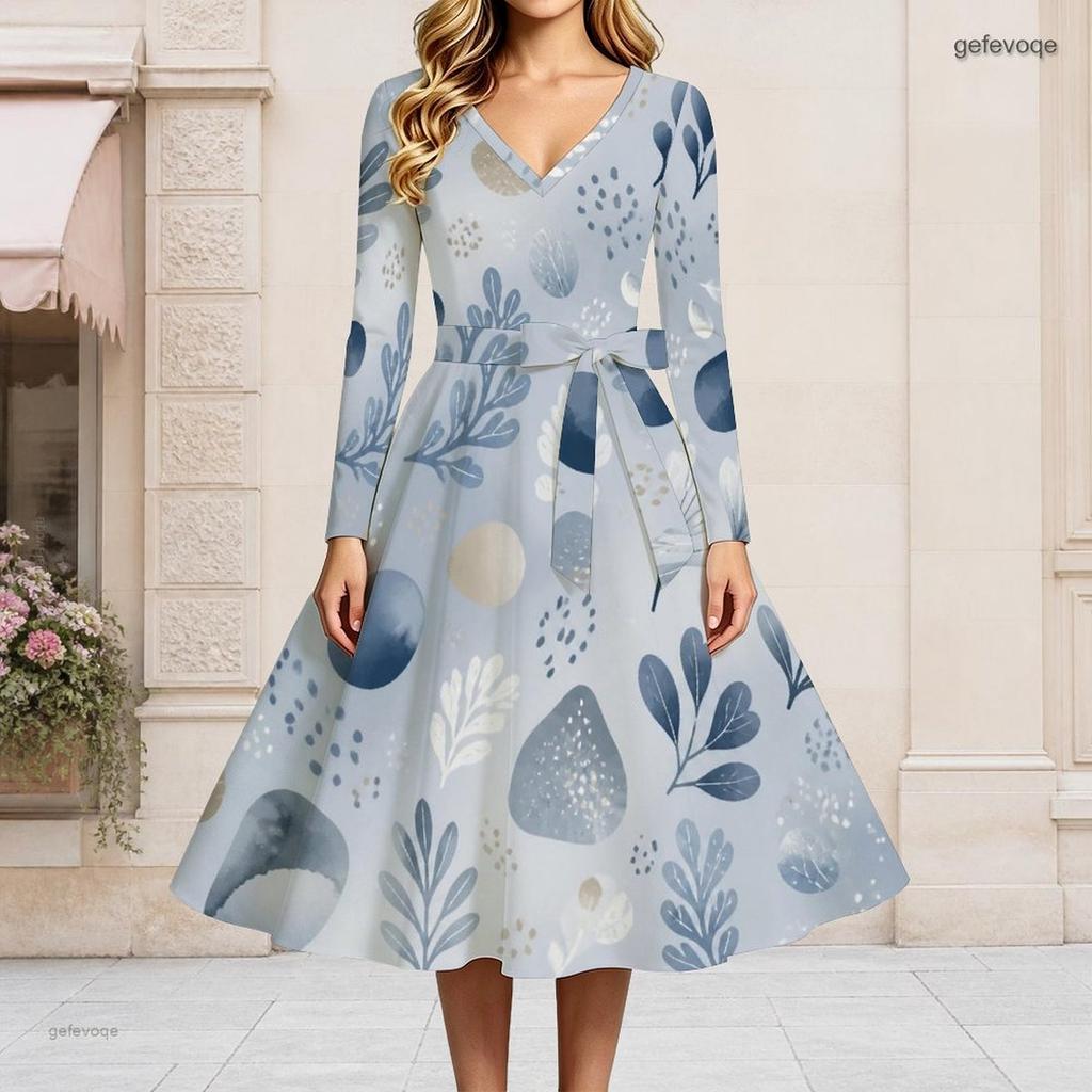 Women Plus Size V Neck Long Sleeve Printed Tie Waist A Line Flared Midi Dress