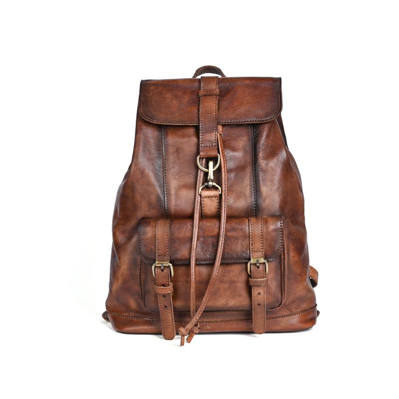 Chaozhou Vintage Handmade Leather Backpack for Casual Travel, 14-Inch Laptop Bag