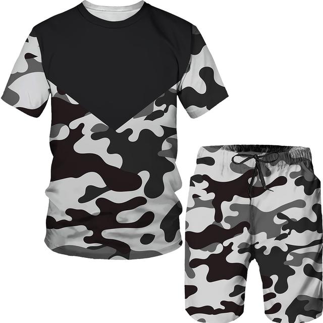 Summer Camouflag Print Set Suit Hip Hop Harajuku Sports 2 Piece Oversized Sportswear Tshirt Beach Shorts Outfits Clothes For Men