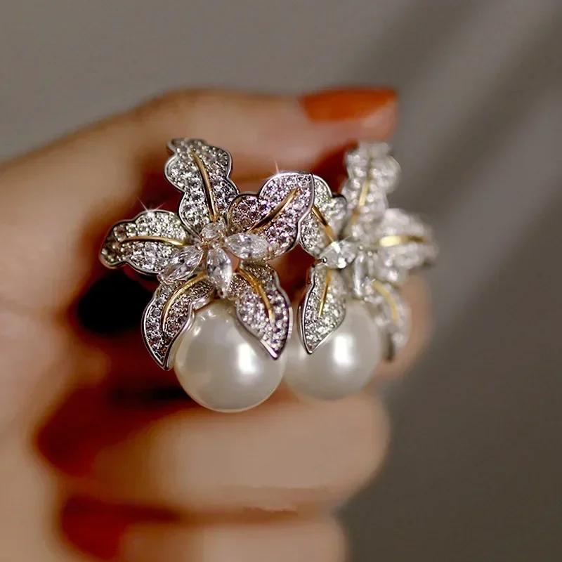 High-End And Fashionable Ocean Pearl Earrings, Set With Cubic Zirconia Women'S Luxurious Fashion Jewelry