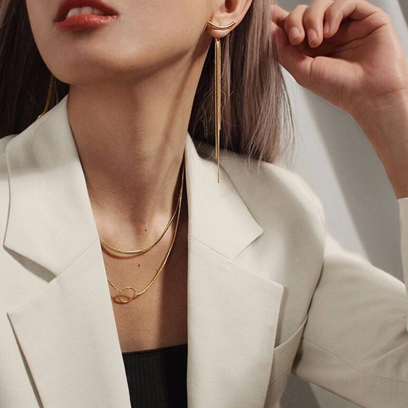 Unique Korean Vintage Glossy Arc Bar Long Thread Tassel Drop Earrings For Women Geometric Fashion Jewelry Hanging Pendientes