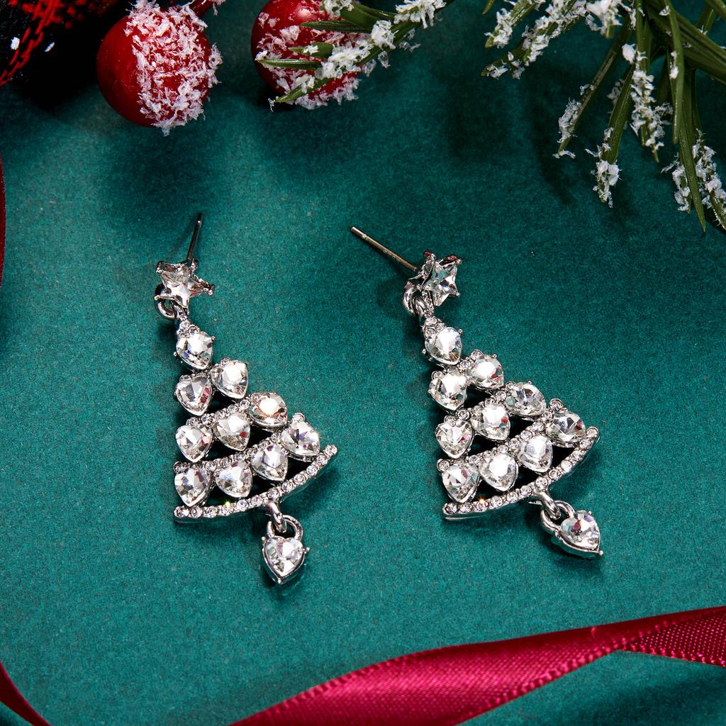 Sparkling Zircon Christmas Tree Stud Earrings for Women Shiny Green Rhinestone Tree Pendant Earring Xmas New Year Party Jewelry