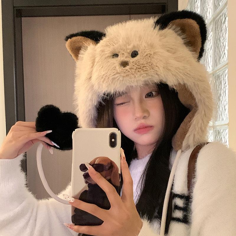 Cute Blush Fox Plush Hat Female Autumn And Winter Thickened Warm Ear Protection Lei Feng Cap Riding Ski Cap Tide
