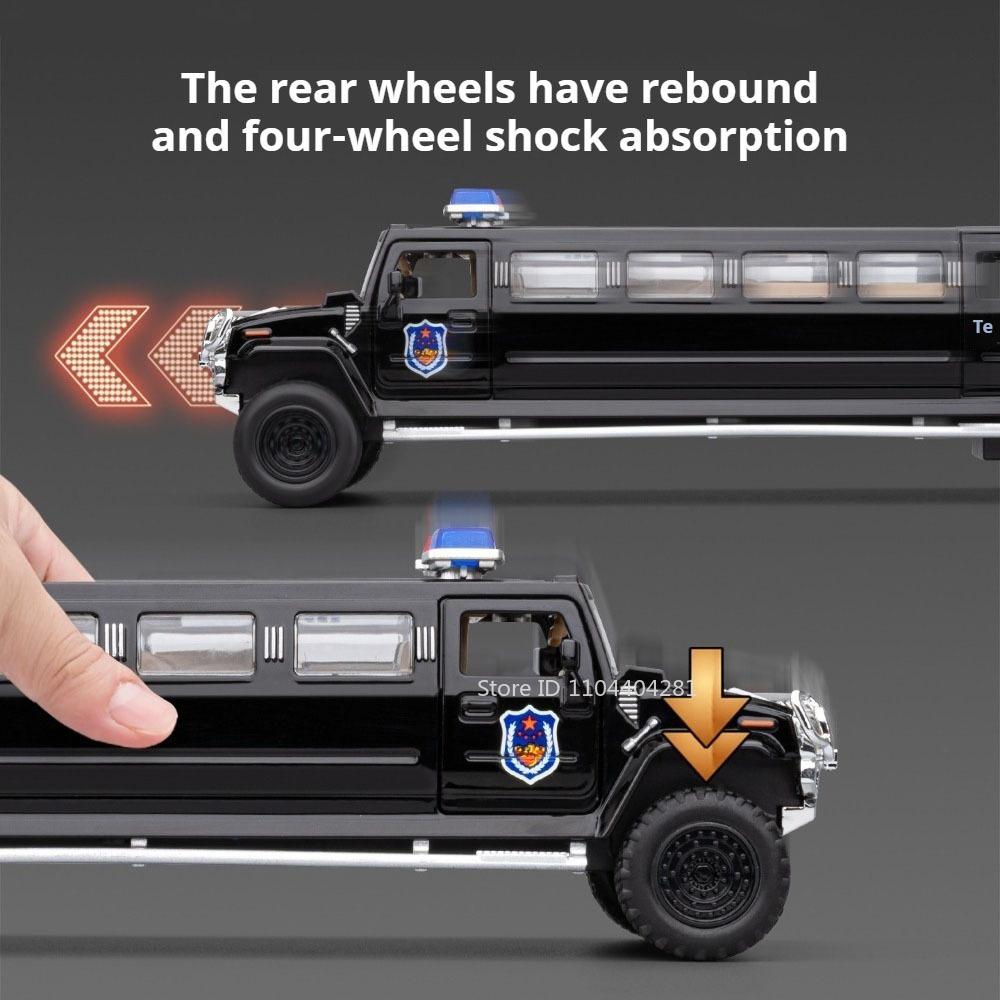 1:32 Extended Version Police Car Toys Diecast Alloy Model Shock Absorption Sound Light Pull Back Doors Opened Vehices Collection