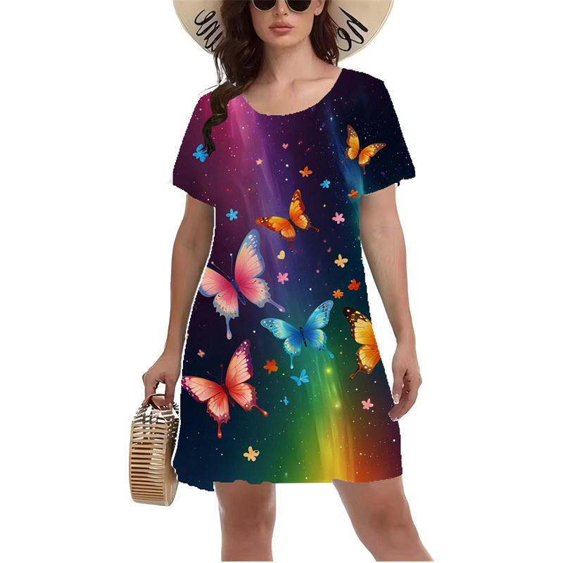 3D Colorful Butterfly Printed Dress Summer Short Sleeve O-neck Casual A-Line Dresses Fashion Lady Beach Vacation Dress Vestidos
