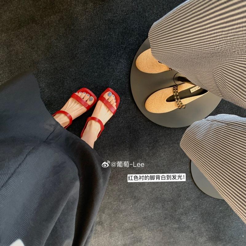 Sheepskin Version~ 5cm Square Head with Beach Wear Thick Heels and Cool Slippers for Women's Summer Wear