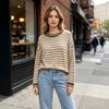 Womens Loose Fit Knit Sweater Long Sleeve Round Neck Striped Casual Pullover