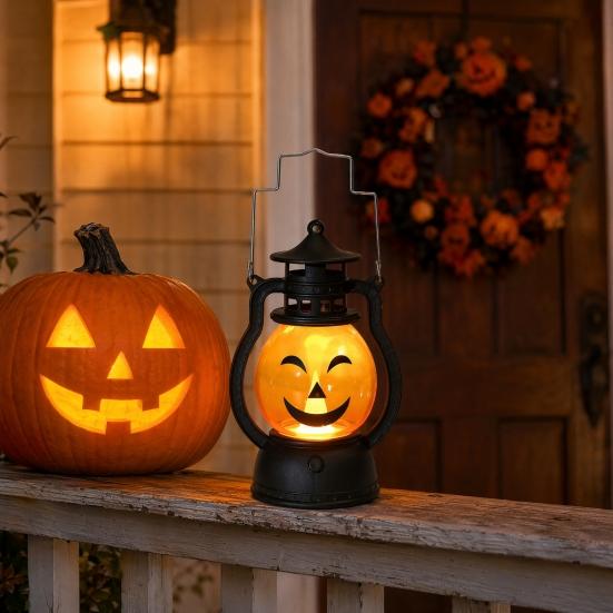 Halloween Pumpkin Lantern with LED Light, Portable Retro Horse Lantern with Funny Pumpkin Faces, Safe Flame-Free Halloween Decoration for Indoor