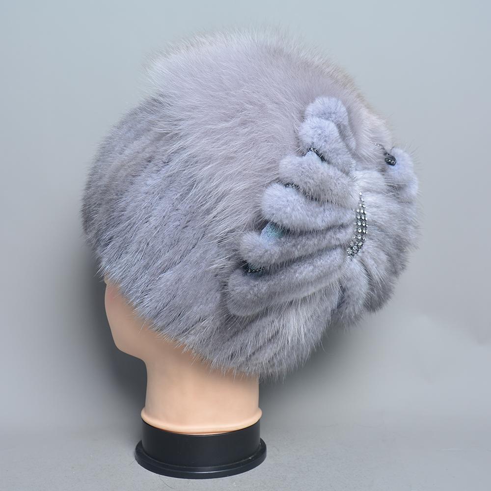 New Women Knitted Mink Fur Hats For Winter Hot Sale Luxury Lady Real Mink Fur Warm Caps Fashion Bowknot Fur Bonnets