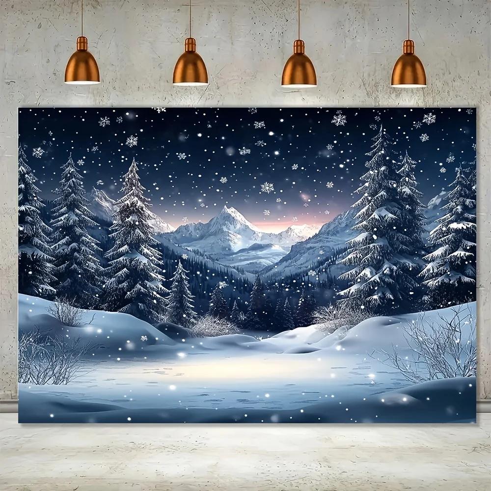 One Item: Winter Landscape Backdrop Featuring a Snowy Mountain Scene Made of Polyester material.ZL