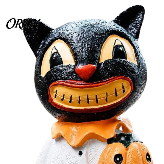 Funny Grinning Cat Statue Black Figurines, Vintage Halloween Ornament with Pumpkin, Small Stable Resin Sculpture Retro Table Decoration for