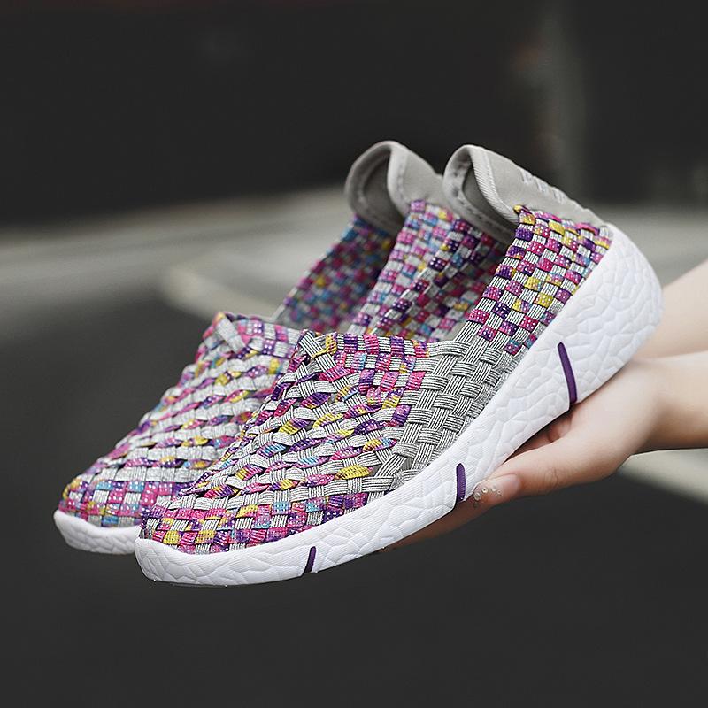 Nauji tuščiaviduriai, lengvi ir kvėpuojantys plokščiapadžiai kasdieniai austi batai medžiaginiai batai moteriški didelio dydžio moteriški batai