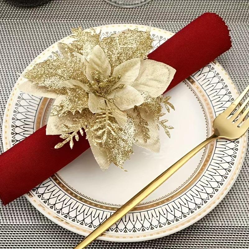 10pcs 14cm Christmas Flower Ornaments,Pink,Red,Gold,Glitter Artifical Flowers For Christmas Tree,Xmas Decoration For Home