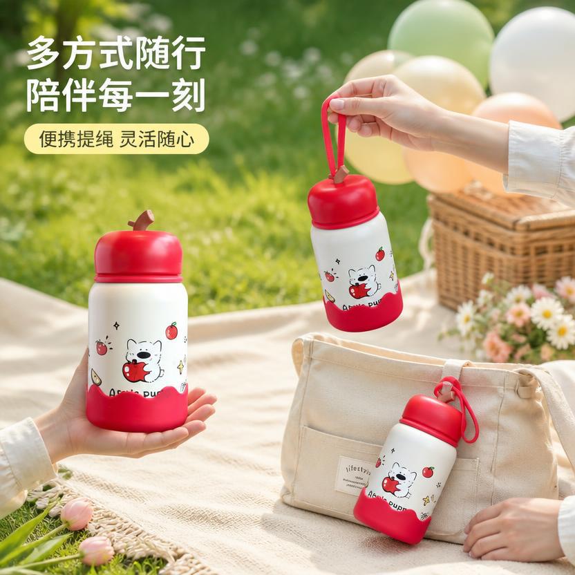 Creative cute apple stainless steel thermos cup female high value coffee cup student water cup portable pocket cup