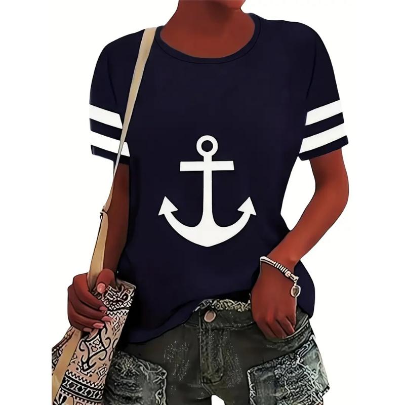 

New Summer Fashion Women s T-Shirt 3d Anchor Pattern Printed Casual Round Neck Short Sleeve T-Shirts & Blouse Summer For Lady 8XL