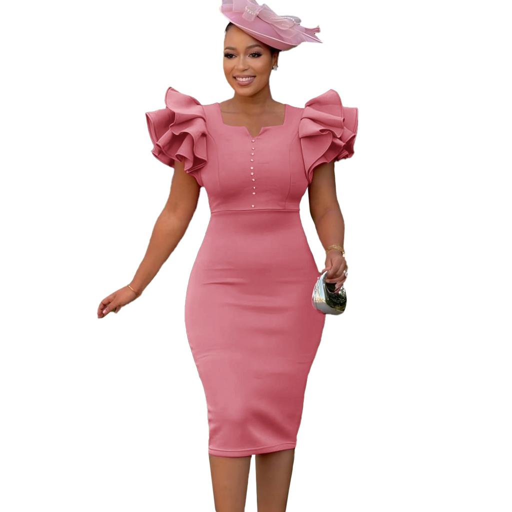 Summer Fashion Women's Dress with Beaded Lotus Leaf Sleeves That Wraps The Hips for Banquets
