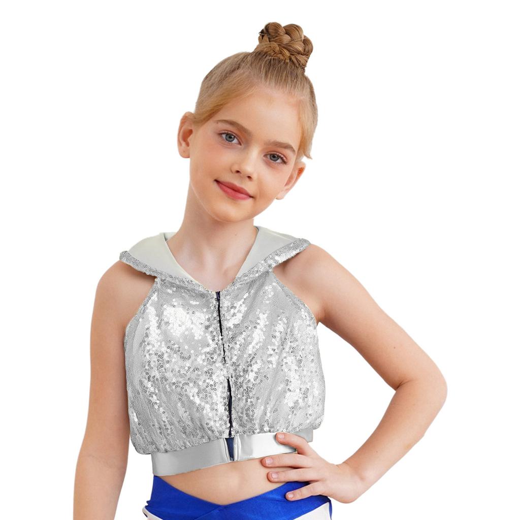 Sparkling Sequins Hip-Hop Jazz Top: Sleeveless Backless Hooded Crop Top with Front Zipper for Stage Dance Costume