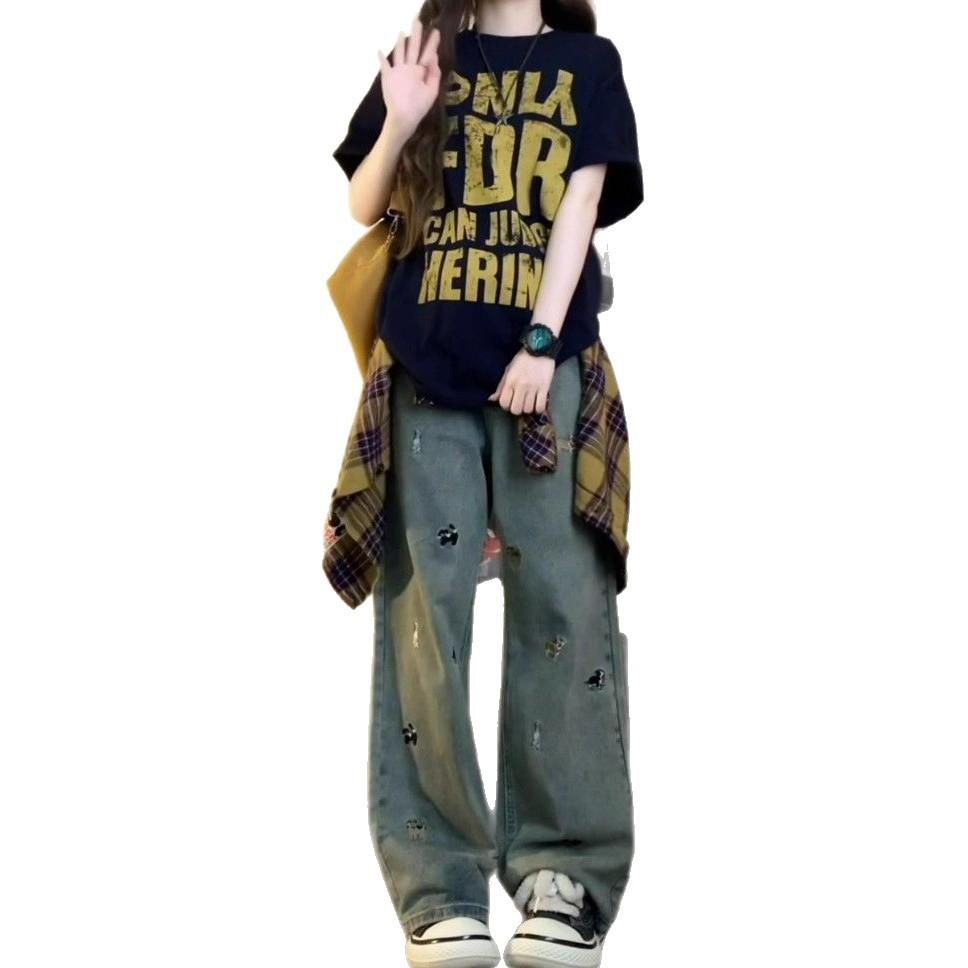 Design fat mm puppy embroidered wide-leg jeans women's American autumn large size retro loose straight mopping pants