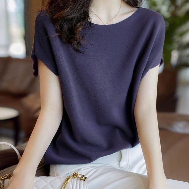 Summer Japanese and Korean Solid Color All-match Knitwear Women's Short-sleeved T-shirt Thin Loose Bat-sleeved Western Style Top