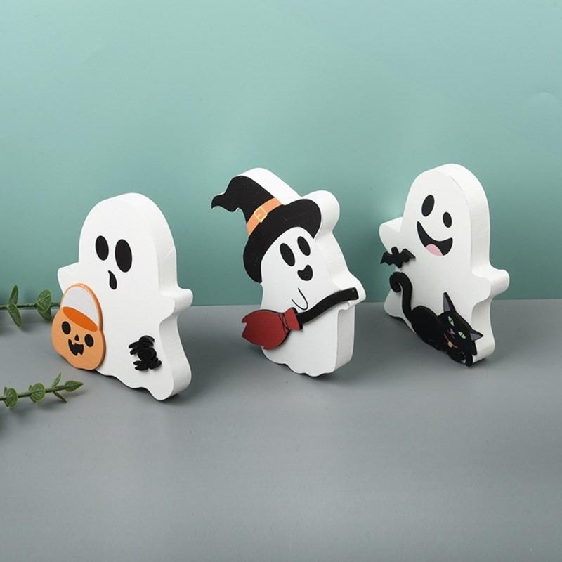 Set Of 3 Halloween Wood Specters Figures Ornament Table Signs for Tiered Tray and Shelf Decoration Desktop Adorment