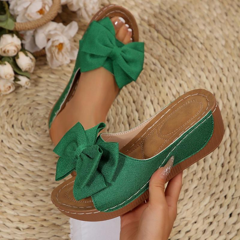 

Summer new fashion bow thick-bottomed cool slippers large size outside women s vacation beach slippers 43 зелёный