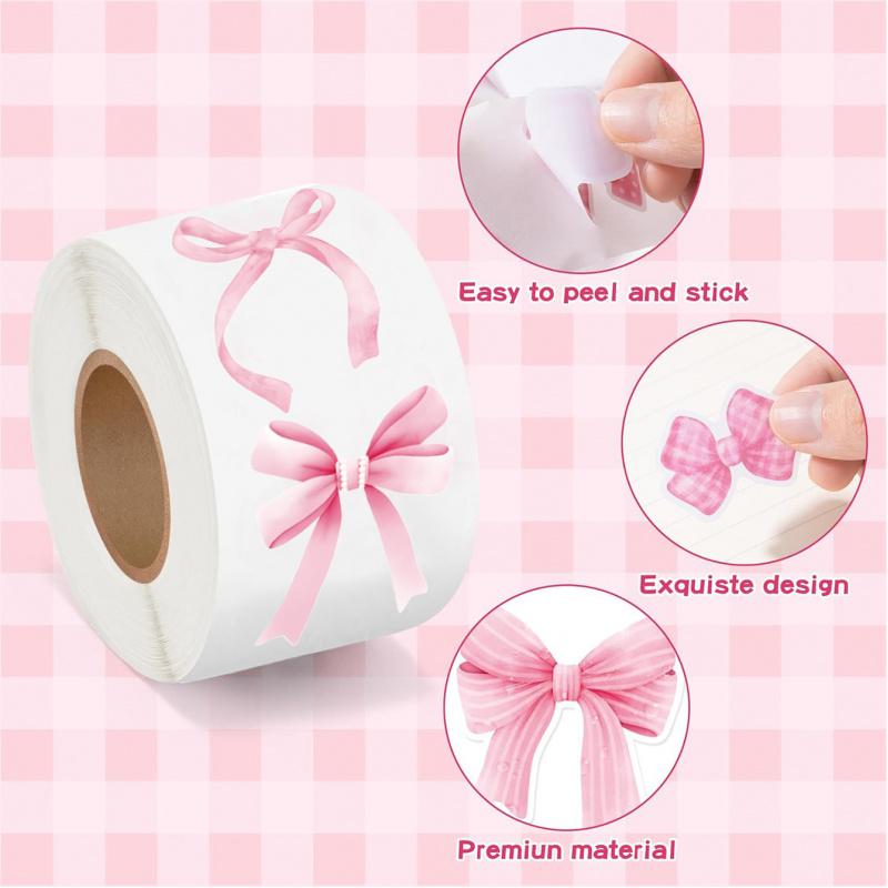 500Paste/Roll Pink Bow Sealing Paste Cute Gift Box Gift Bag Sealing Paste Blessing Stickers Packaging Decorative Material Sticke