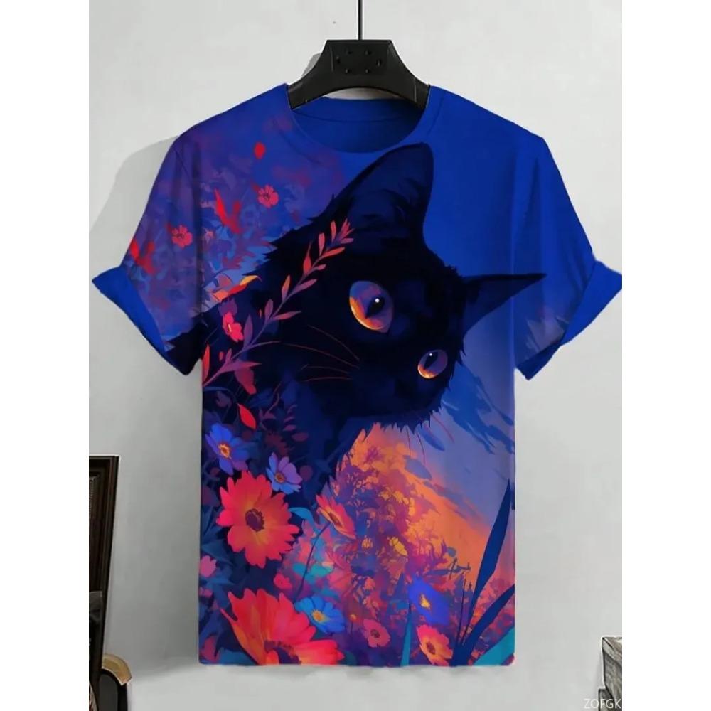 Summer New 3D Fun Cute Kitten Art Cartoon Print Loose, Fashionable and Comfortable Round Neck Short Sleeve T-shirt