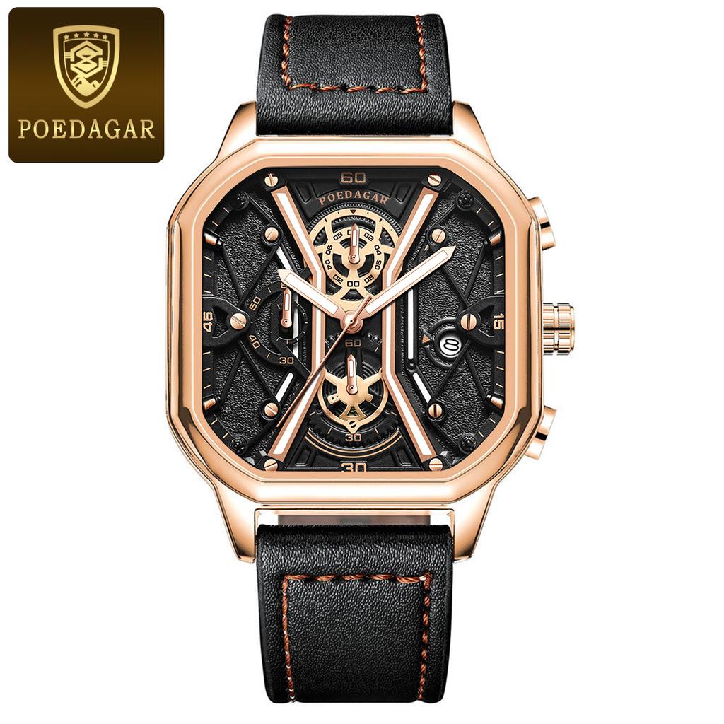 POEDAGAR Fashion Men Wristwatches Luxury Chronograph Luminous Waterproof Date Watch Square Dial Leather Quartz Watches