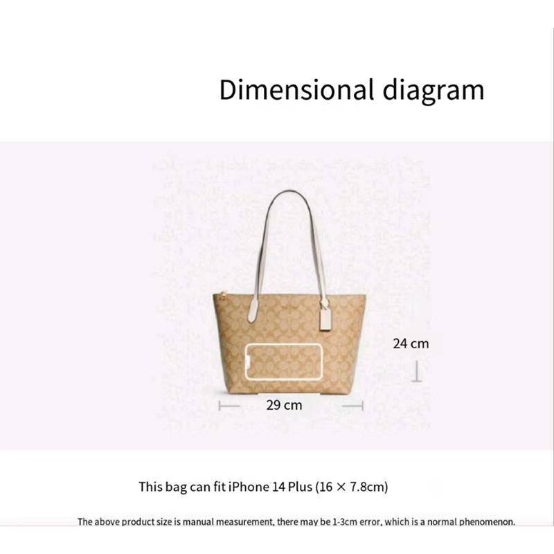 COACH Zip Top Tote 30 Monogram Canvas with Leather Tote Bag Tote Bag Handbag Shoulder Bag Large Women's White with Brown Monogram