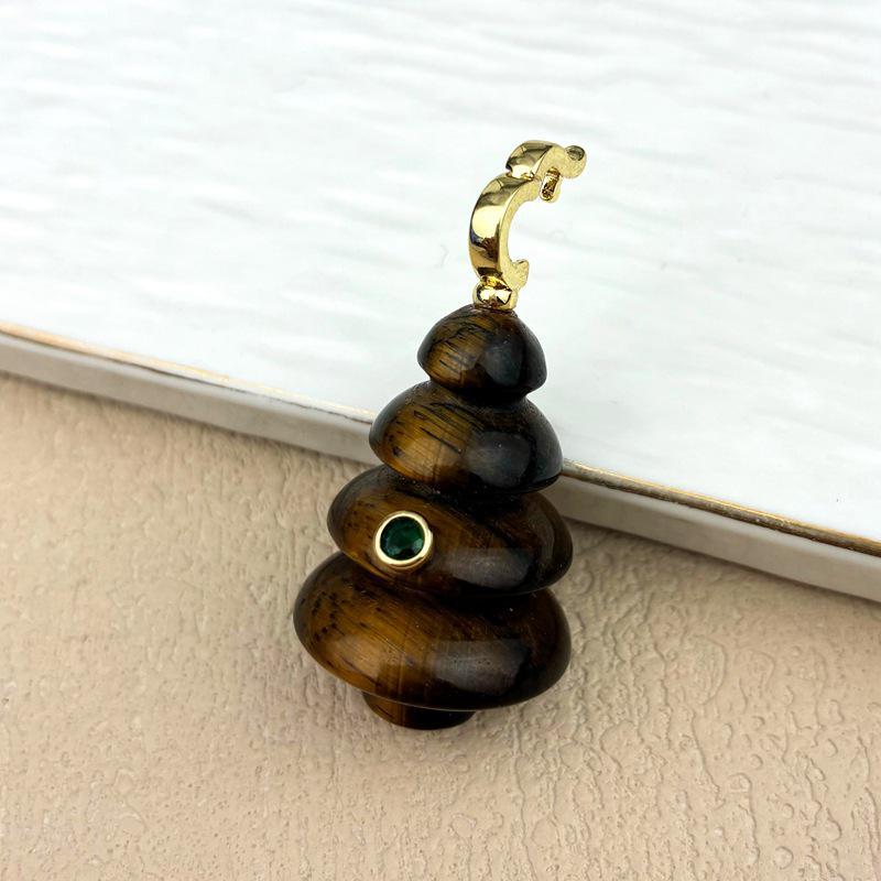 Natural Pink Crystal & Tiger Eye Christmas Tree Pendant with Clavicle Chain
