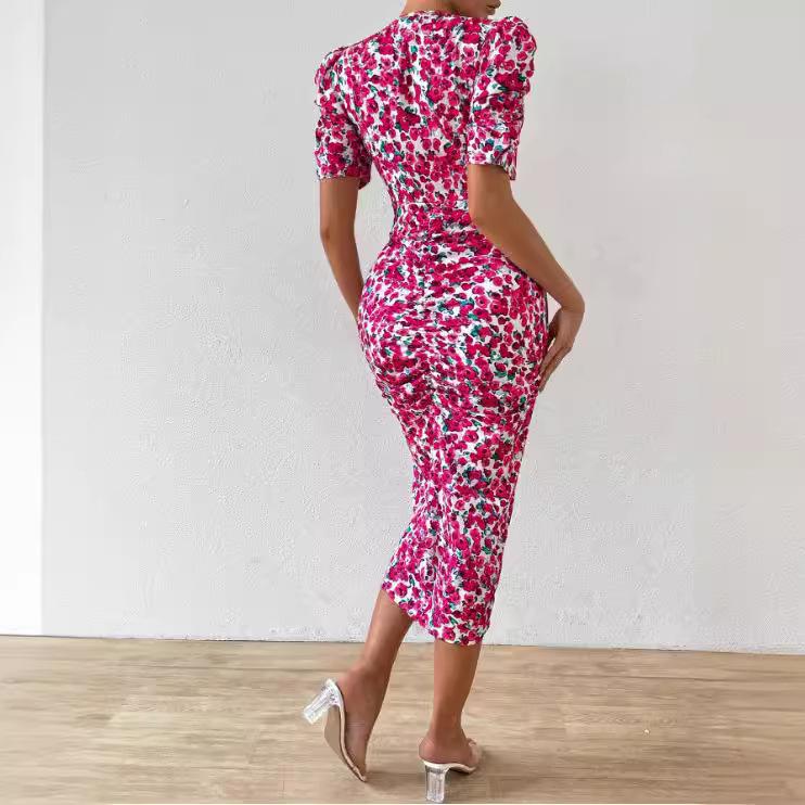 Summer Women's Dress Deep V Neck Sexy Floral Bubble Sleeve Waisted Pleated Hip Dresses