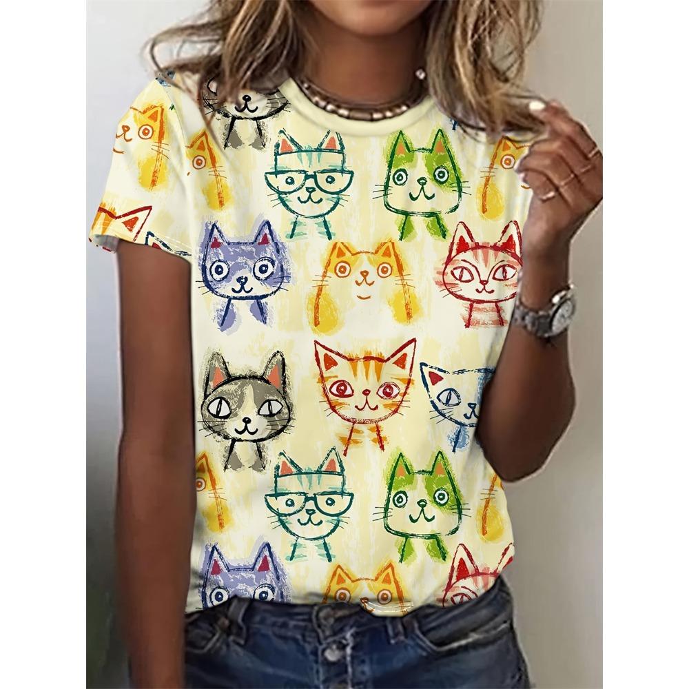 Cartoon animal 3D digital printing women s T-shirt Harajuku casual short-sleeved round neck women s short-sleeved S